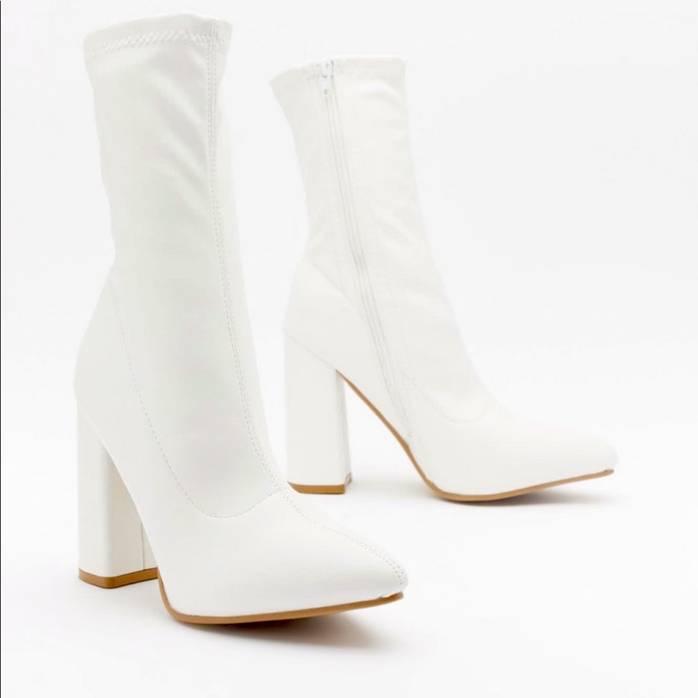 White Pointed Faux Leather Sock Boots